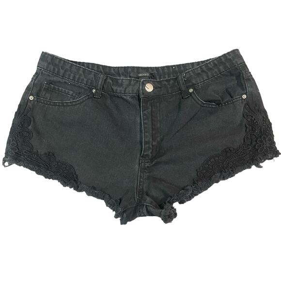 Forever 21 Black Denim Decorative Cutoff Shorts Womens Size 30 Distressed - Picture 1 of 7
